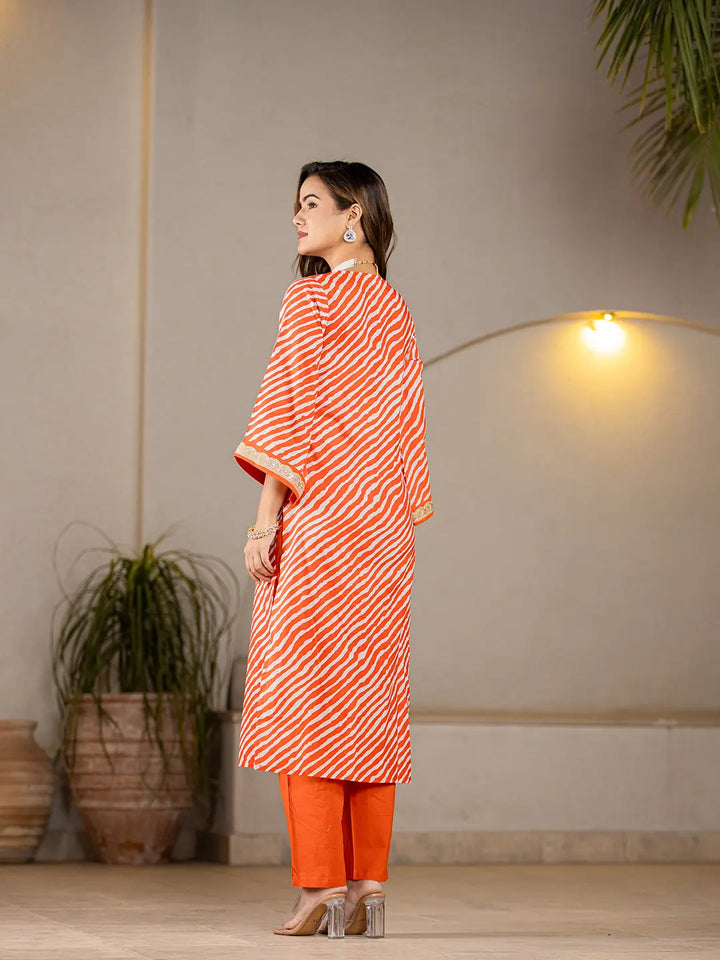 Orange Leheriya Print Cotton Straight Suit Set-Yufta Store-6960SKDORS