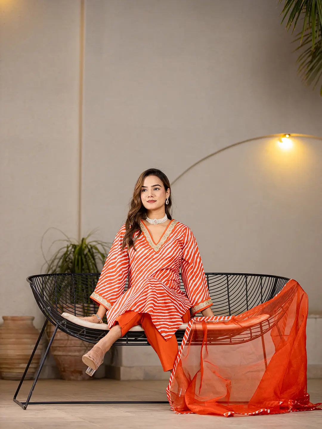 Orange Leheriya Print Cotton Straight Suit Set-Yufta Store-6960SKDORS