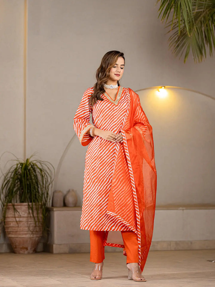 Orange Leheriya Print Cotton Straight Suit Set-Yufta Store-6960SKDORS