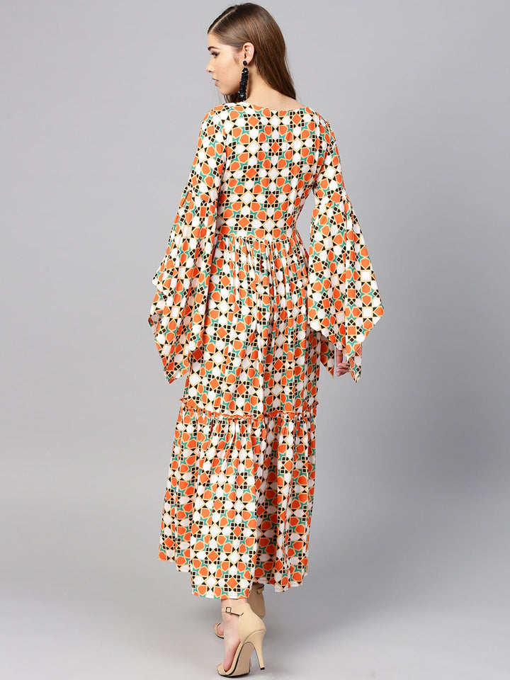 Orange & Off White Printed Dress-Yufta Store-YUFDGKU2009XS