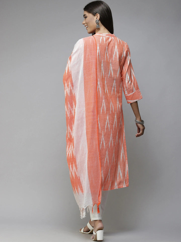 Orange Printed Cotton Dupatta Set-Yufta Store-6008SKDORM