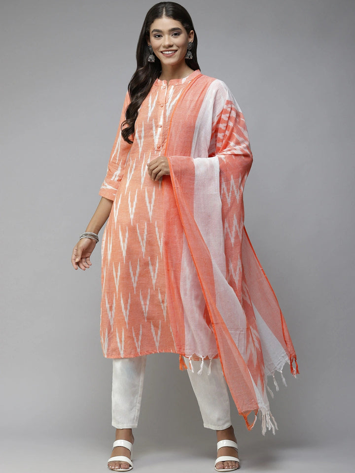 Orange Printed Cotton Dupatta Set-Yufta Store-6008SKDORM