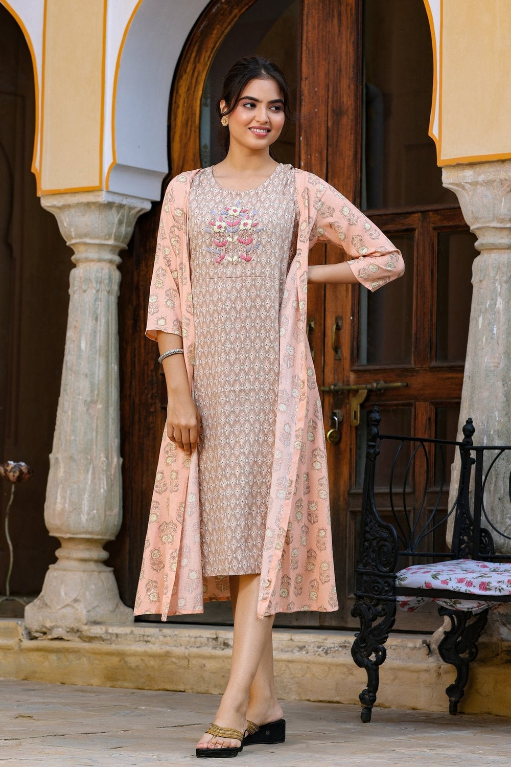 Orange Printed & Embroidered Dress-Yufta Store-4602DRSORS