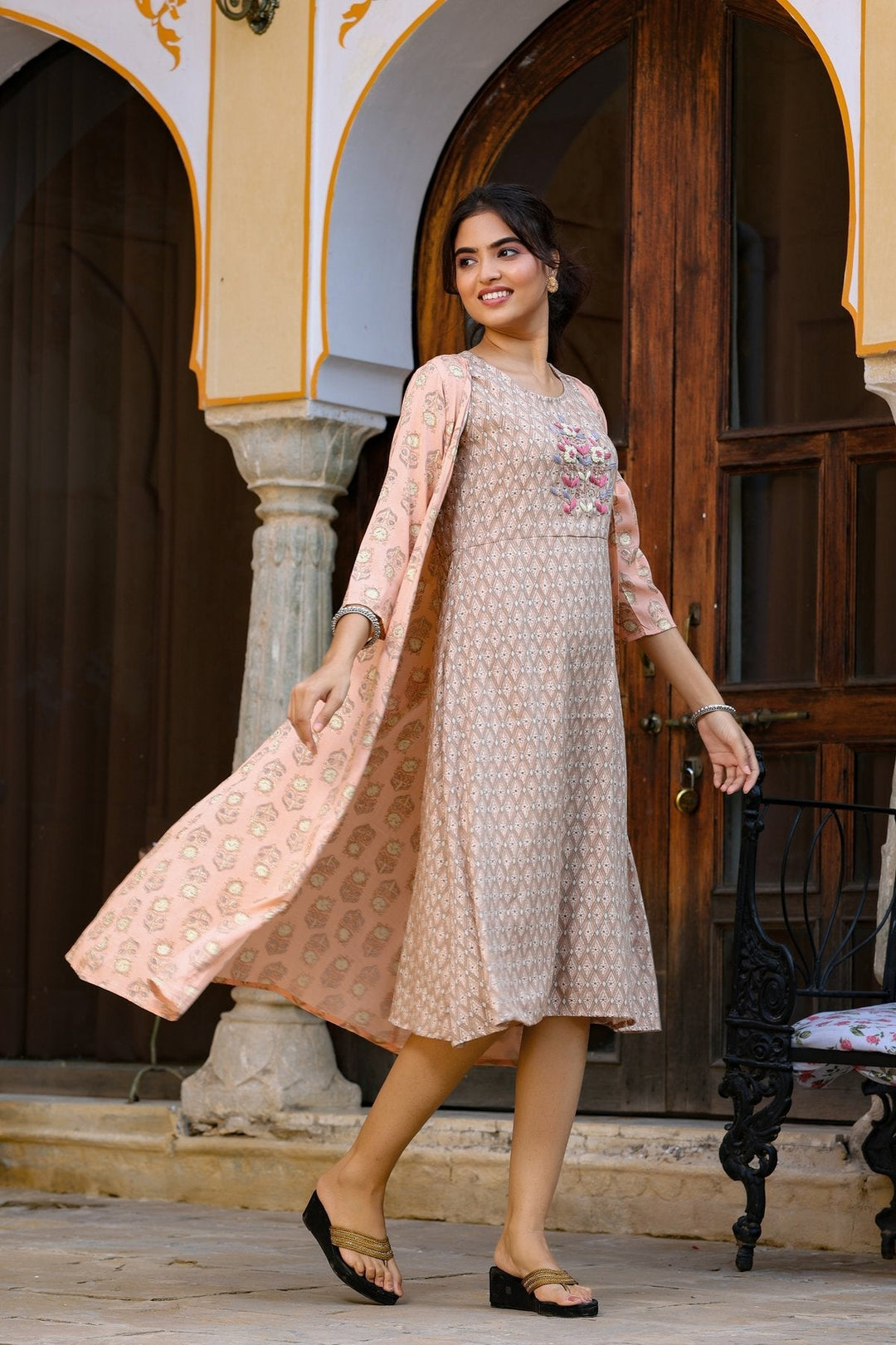 Orange Printed & Embroidered Dress-Yufta Store-4602DRSORS