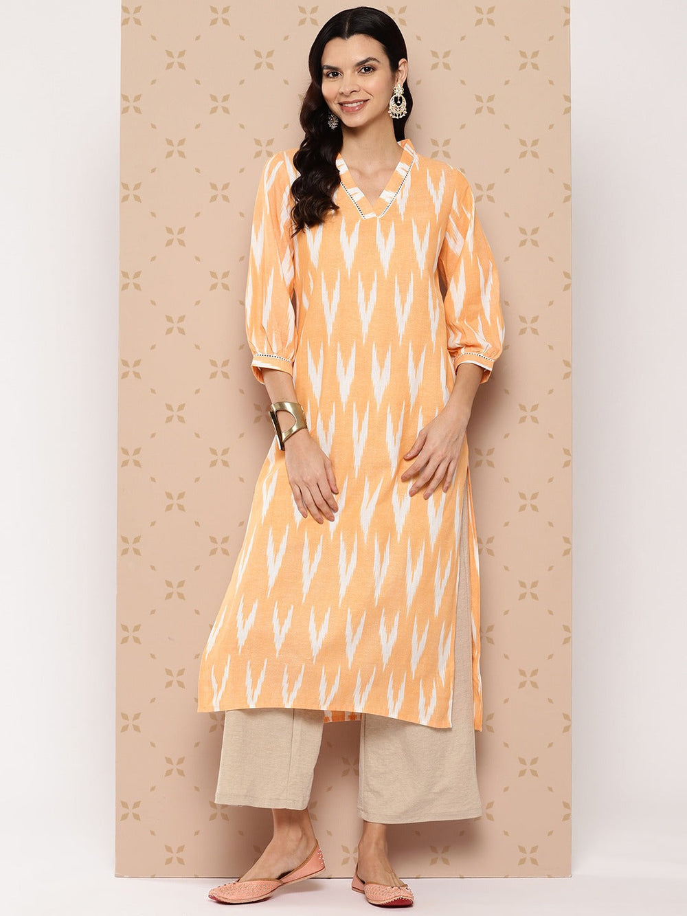 Orange Pure Cotton Ikat Print Kurta