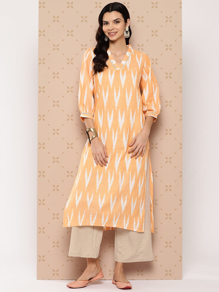 Orange Pure Cotton Ikat Print Kurta-Yufta Store-1601KURORS