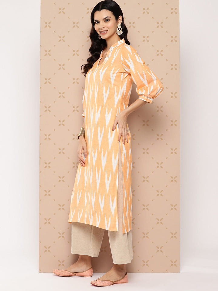 Orange Pure Cotton Ikat Print Kurta