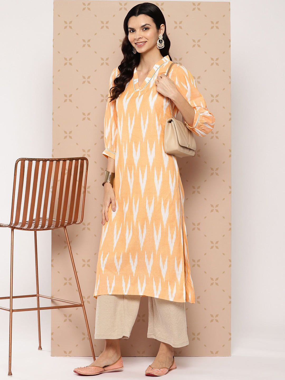 Orange Pure Cotton Ikat Print Kurta