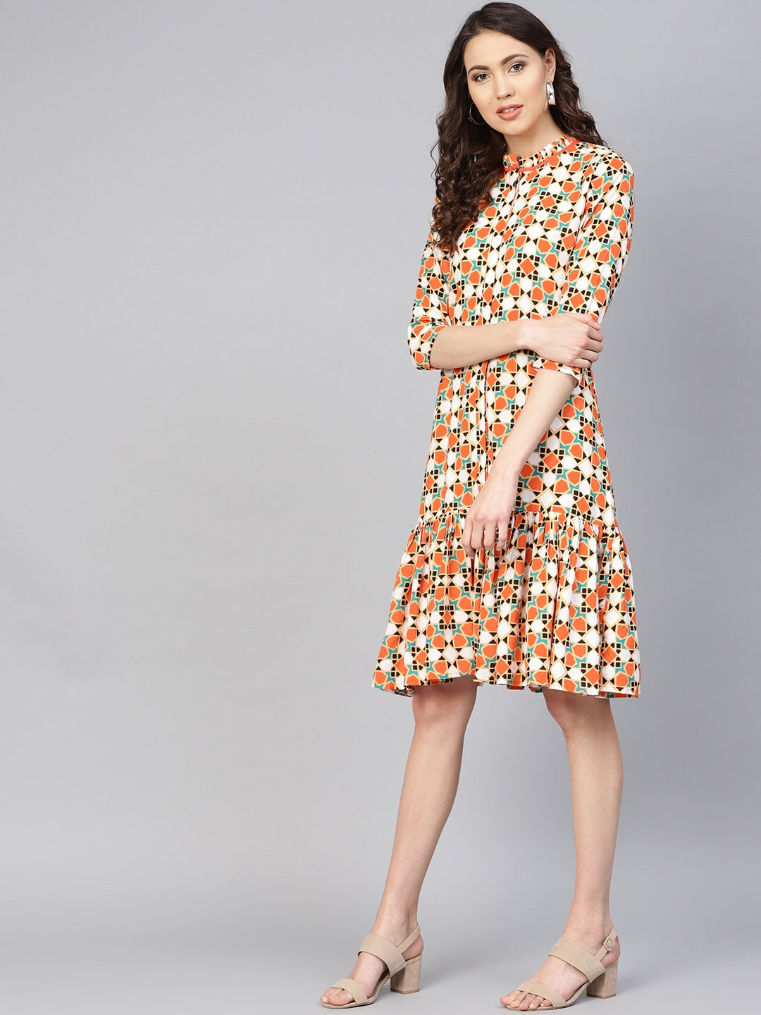 Orange & White Printed Dress-Yufta Store-YUFDGKU2037N-XS