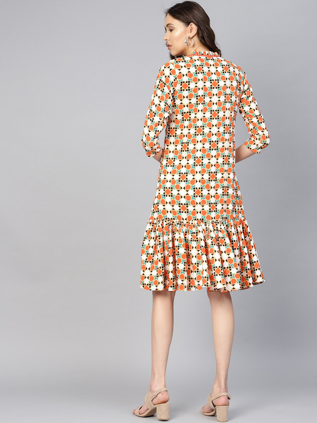 Orange & White Printed Dress-Yufta Store-YUFDGKU2037N-XS