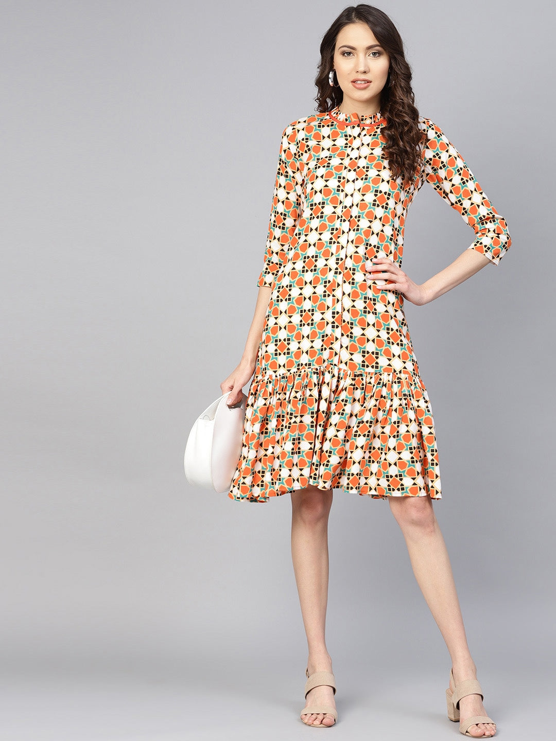 Orange & White Printed Dress-Yufta Store-YUFDGKU2037N-XS