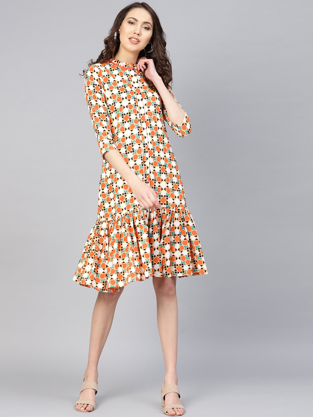 Orange & White Printed Dress-Yufta Store-YUFDGKU2037N-XS