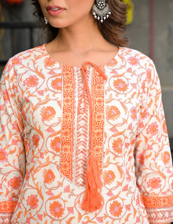 Orange and White Printed Kurta Set-Yufta Store-7583SETORS