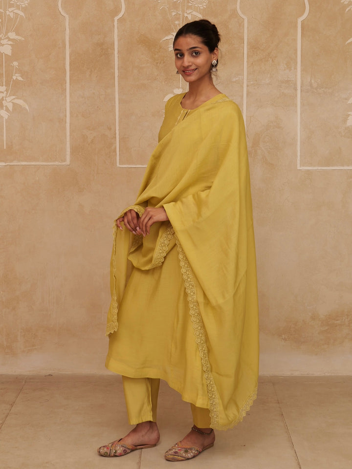 Mustard Solid A-Line Design Lining Kurta Trouser Dupatta Set