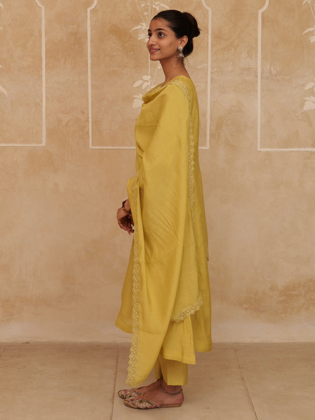 Mustard Solid A-Line Design Lining Kurta Trouser Dupatta Set