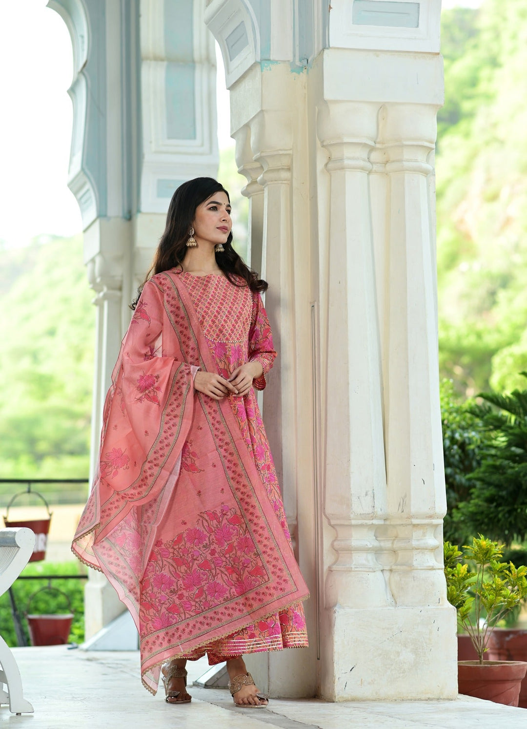 PINK HANDBLOCK DUPATTA SET-Yufta Store-2343SKDPKM