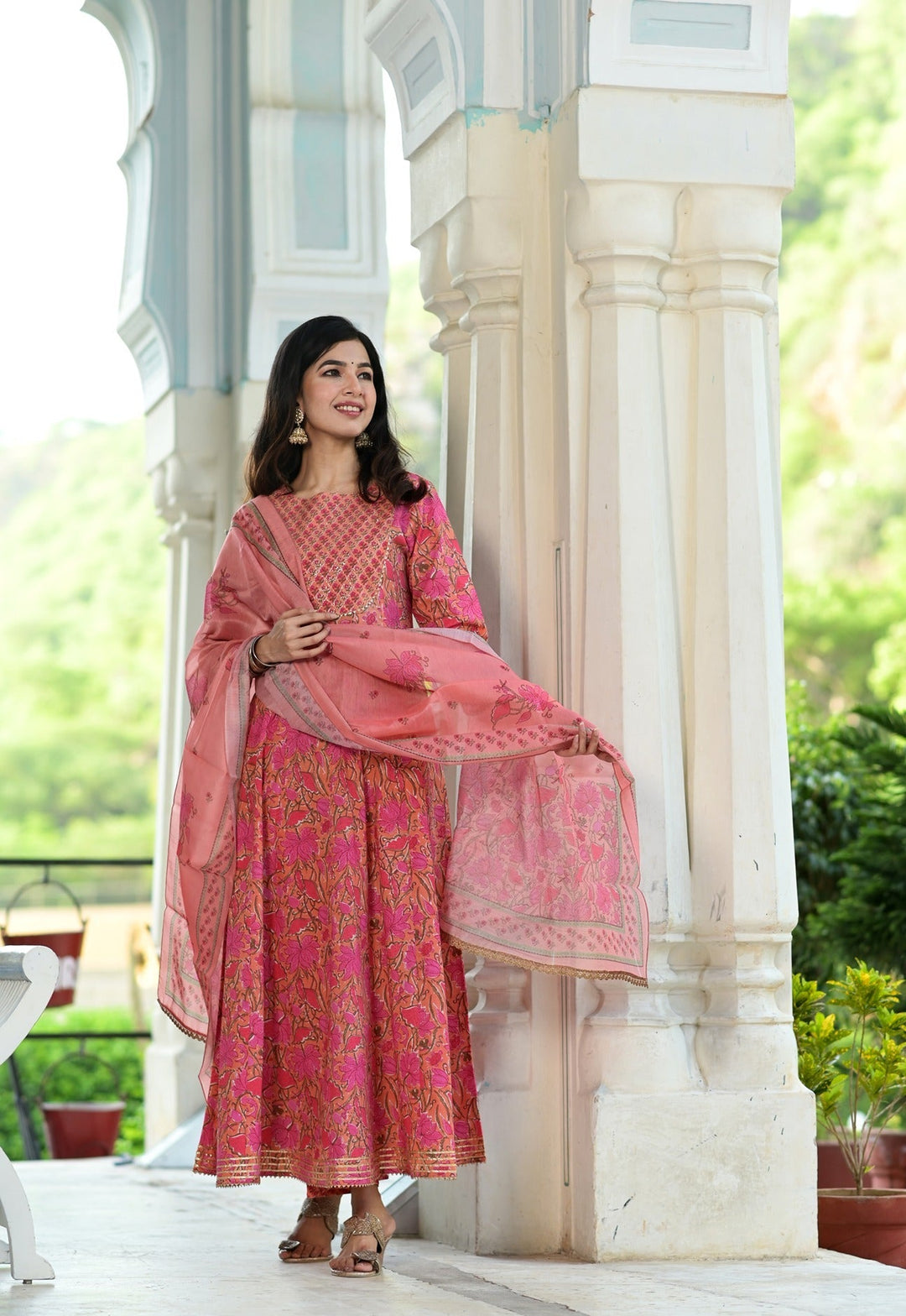 PINK HANDBLOCK DUPATTA SET-Yufta Store-2343SKDPKM