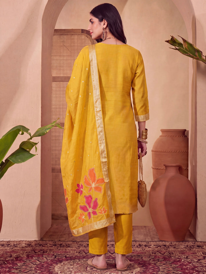Mustard Chanderi Silk Straight Kurta Trouser Dupatta Set