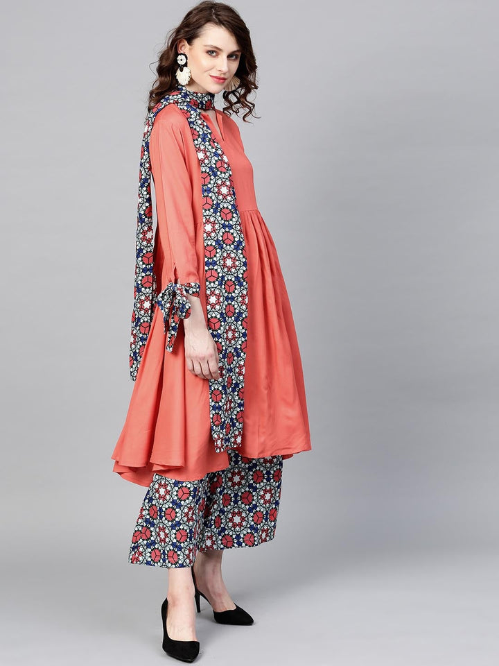 Peach & Blue Solid Kurta Set-Yufta Store-YUFDGSET1939XS