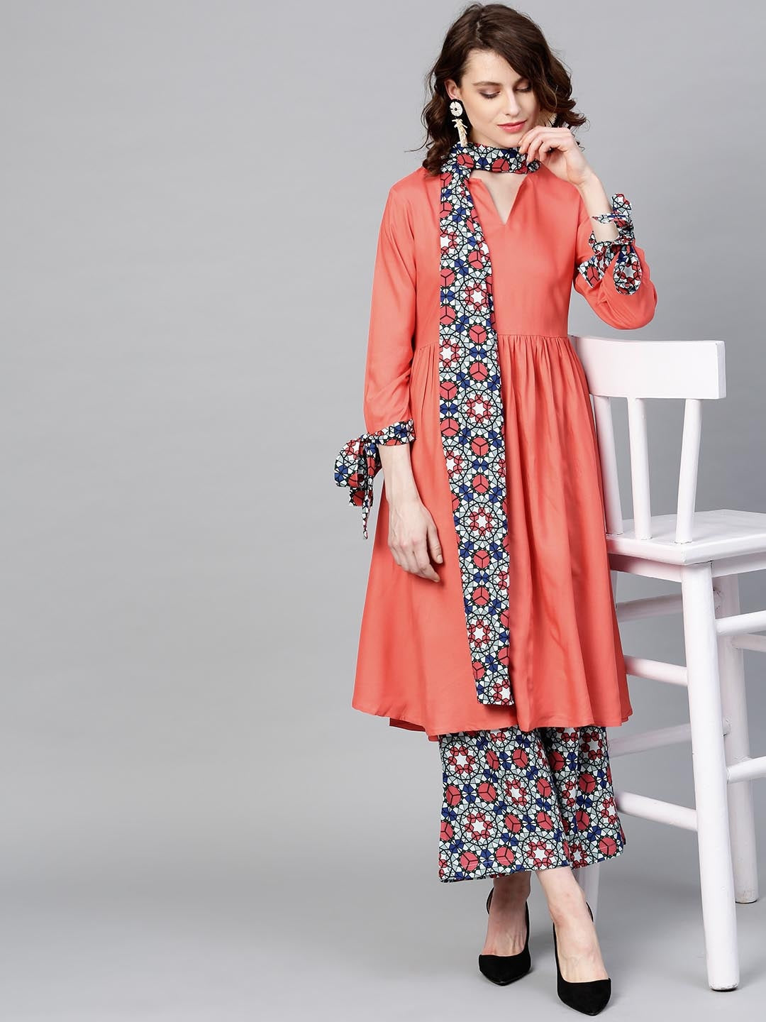 Peach & Blue Solid Kurta Set-Yufta Store-YUFDGSET1939XS