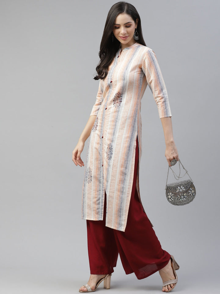 Peach & Blue Striped Kurta-Yufta Store-7341KURORS