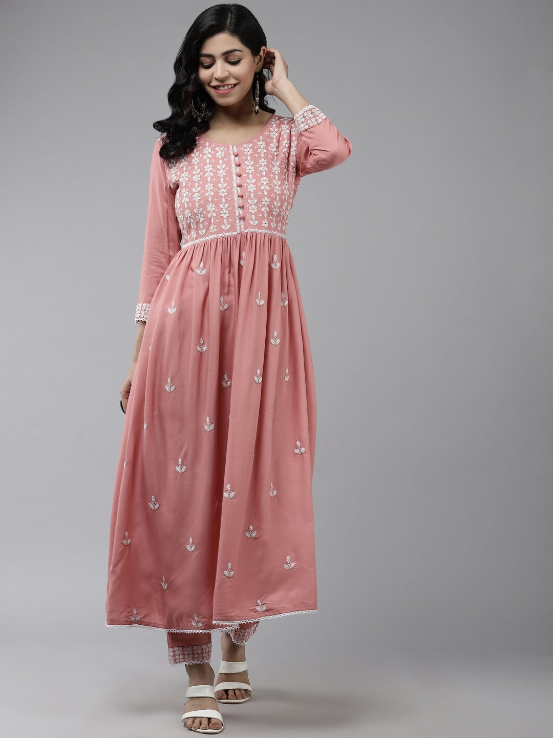 Peach Chikankari Kurta & Palazzo-Yufta Store-2004SETPCS