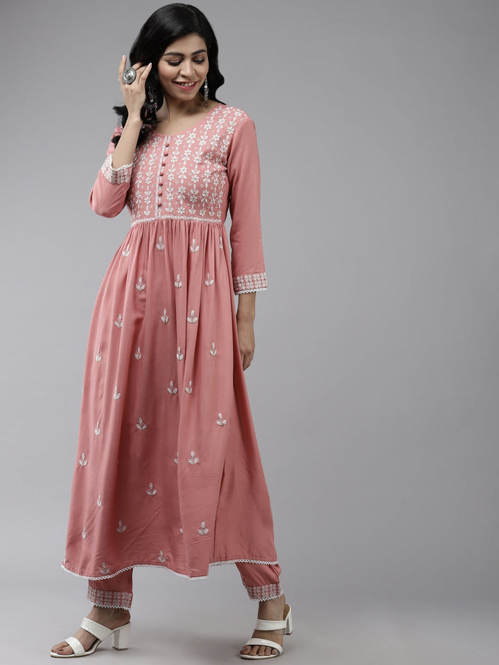 Peach Chikankari Kurta & Palazzo-Yufta Store-2004SETPCS