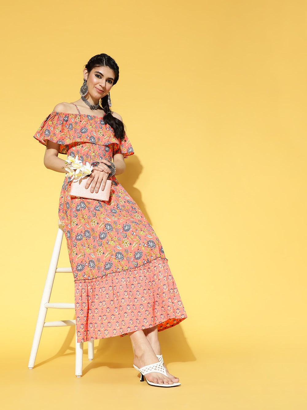 Peach-Coloured & Blue Floral Printed Dress-Yufta Store-9571DRSPCS