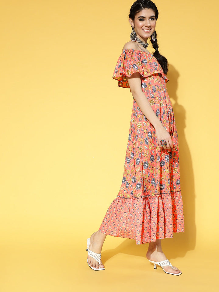 Peach-Coloured & Blue Floral Printed Dress-Yufta Store-9571DRSPCS