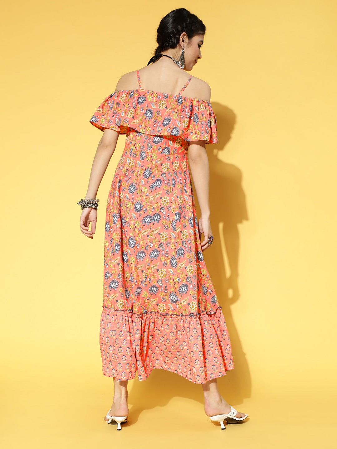Peach-Coloured & Blue Floral Printed Dress-Yufta Store-9571DRSPCS