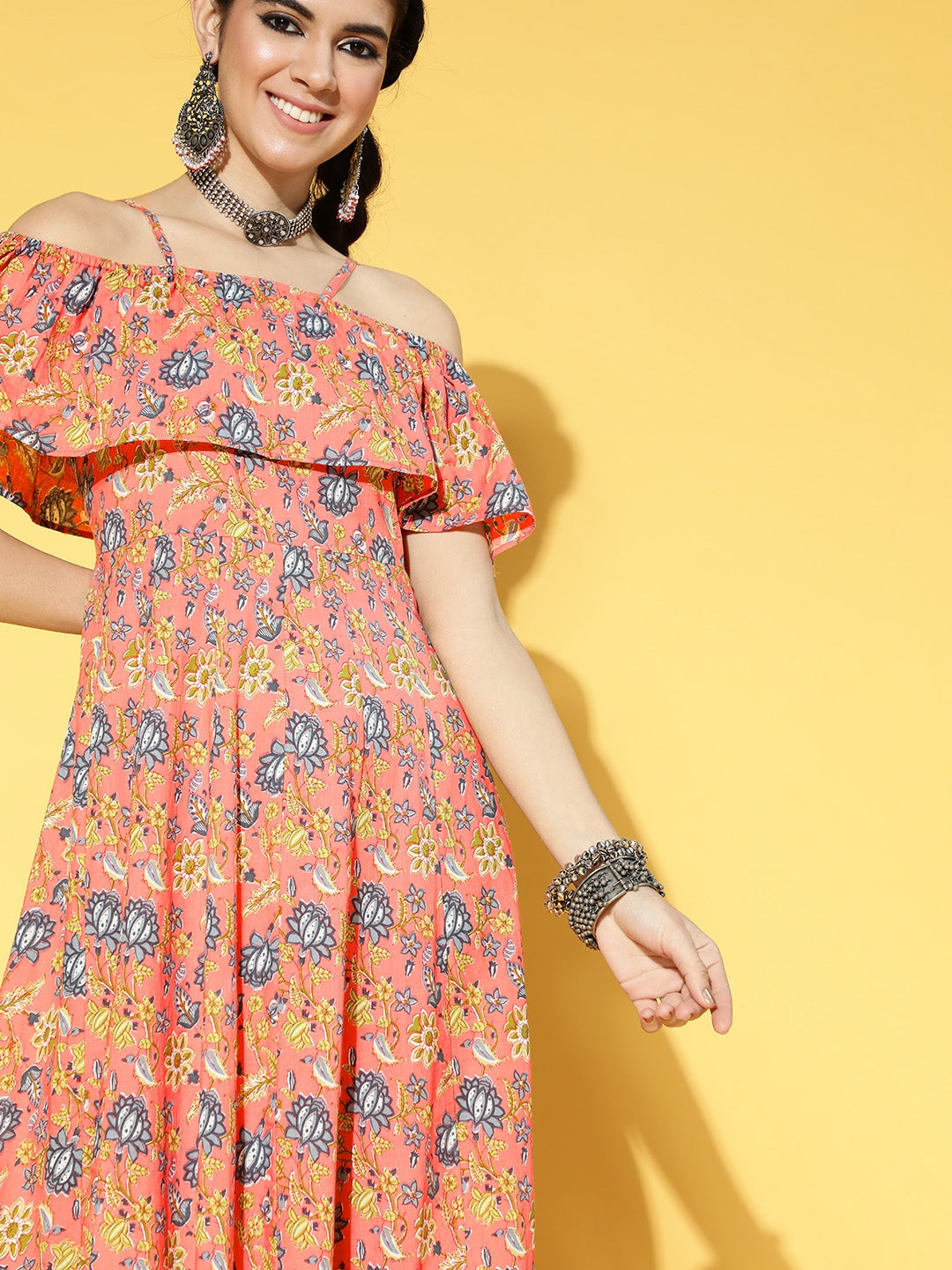 Peach-Coloured & Blue Floral Printed Dress-Yufta Store-9571DRSPCS