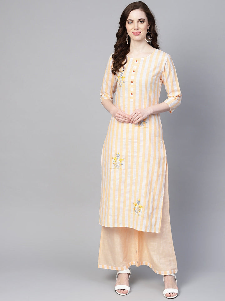 Peach-Coloured & White Kurta with Palazzo-Yufta Store-YUFGKKU732YLS