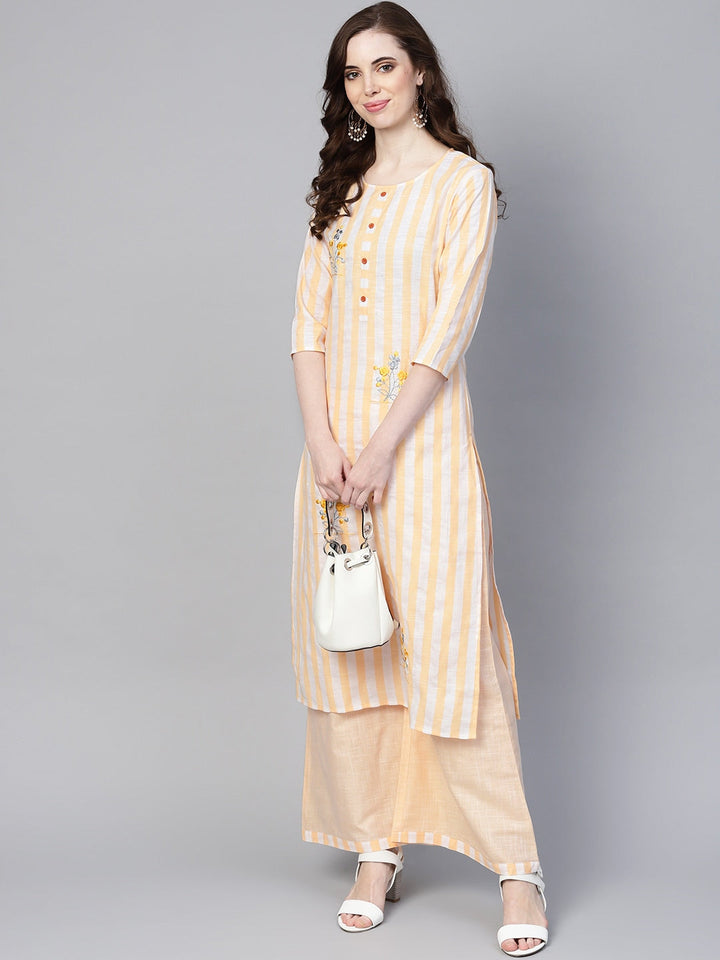 Peach-Coloured & White Kurta with Palazzo-Yufta Store-YUFGKKU732YLS