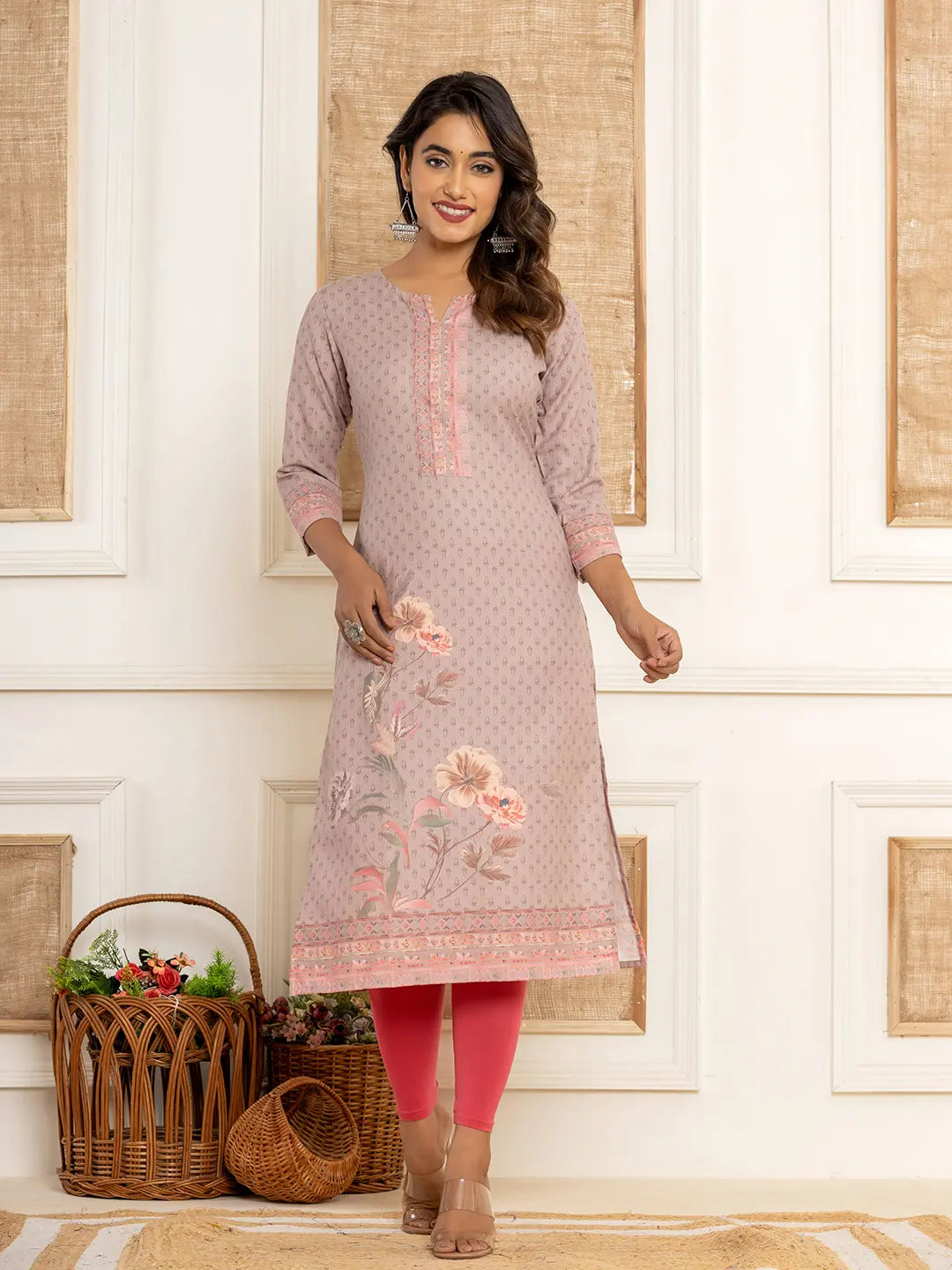 Peach Cotton A-Line Kurta With Digital Print-Yufta Store-1924KURPCS