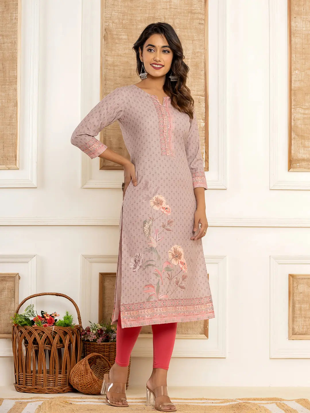 Peach Cotton A-Line Kurta With Digital Print-Yufta Store-1924KURPCS