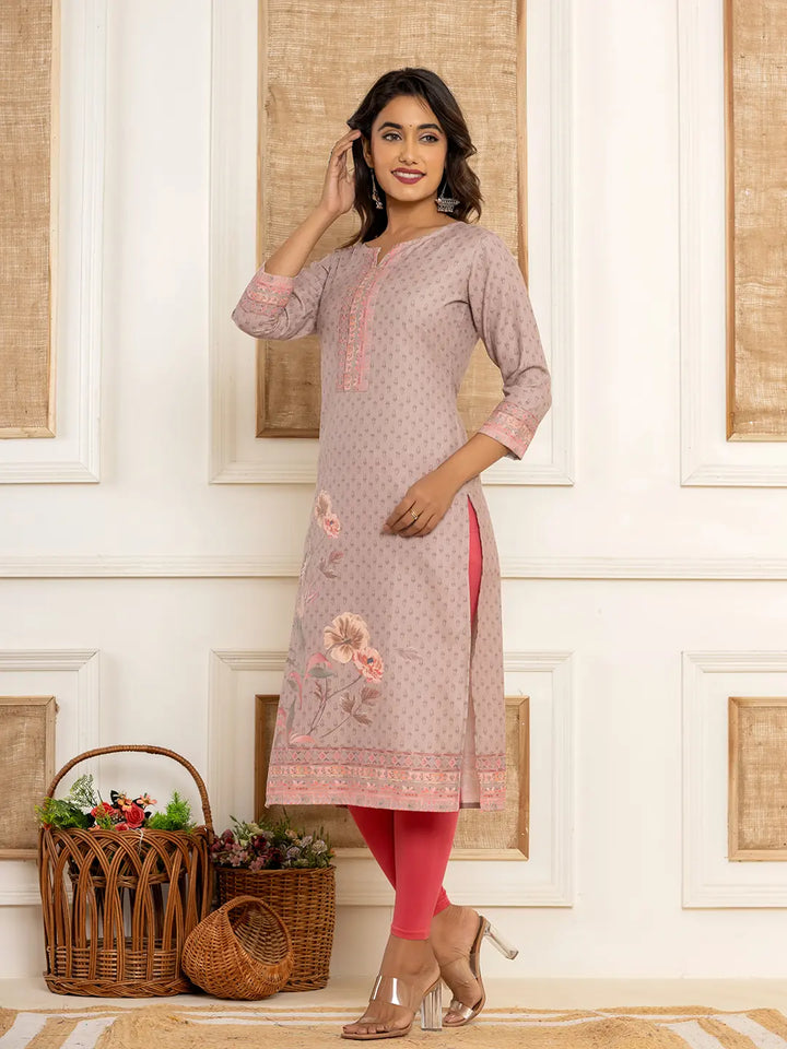 Peach Cotton A-Line Kurta With Digital Print-Yufta Store-1924KURPCS