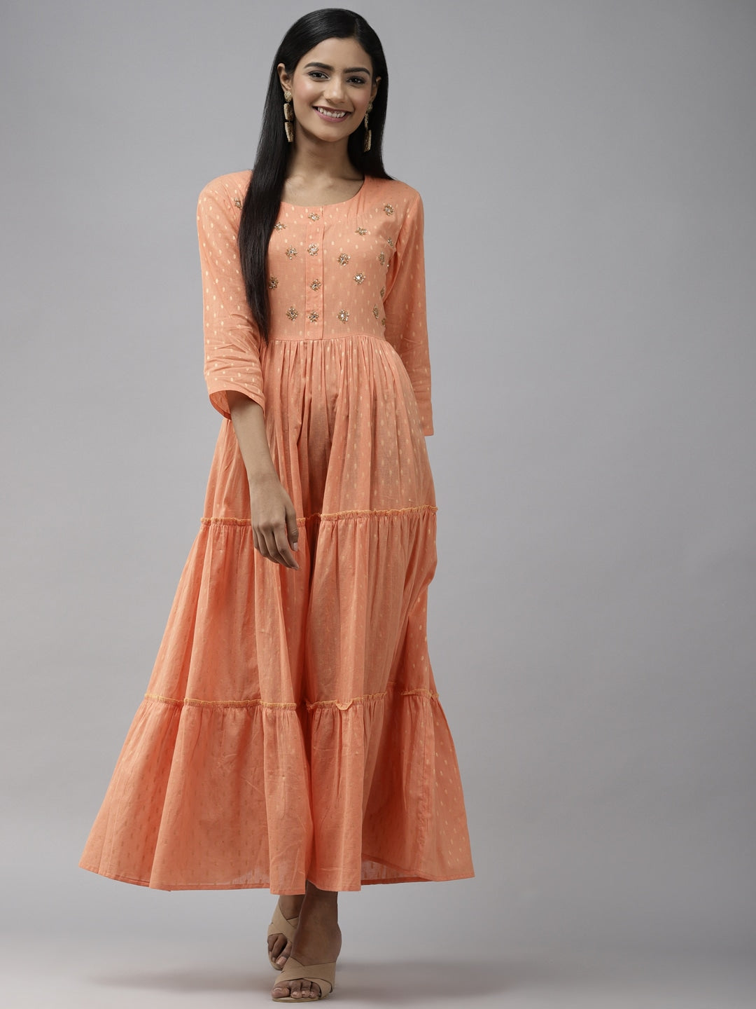 Peach Embellished Maxi Dress-Yufta Store-3604DRSPKM