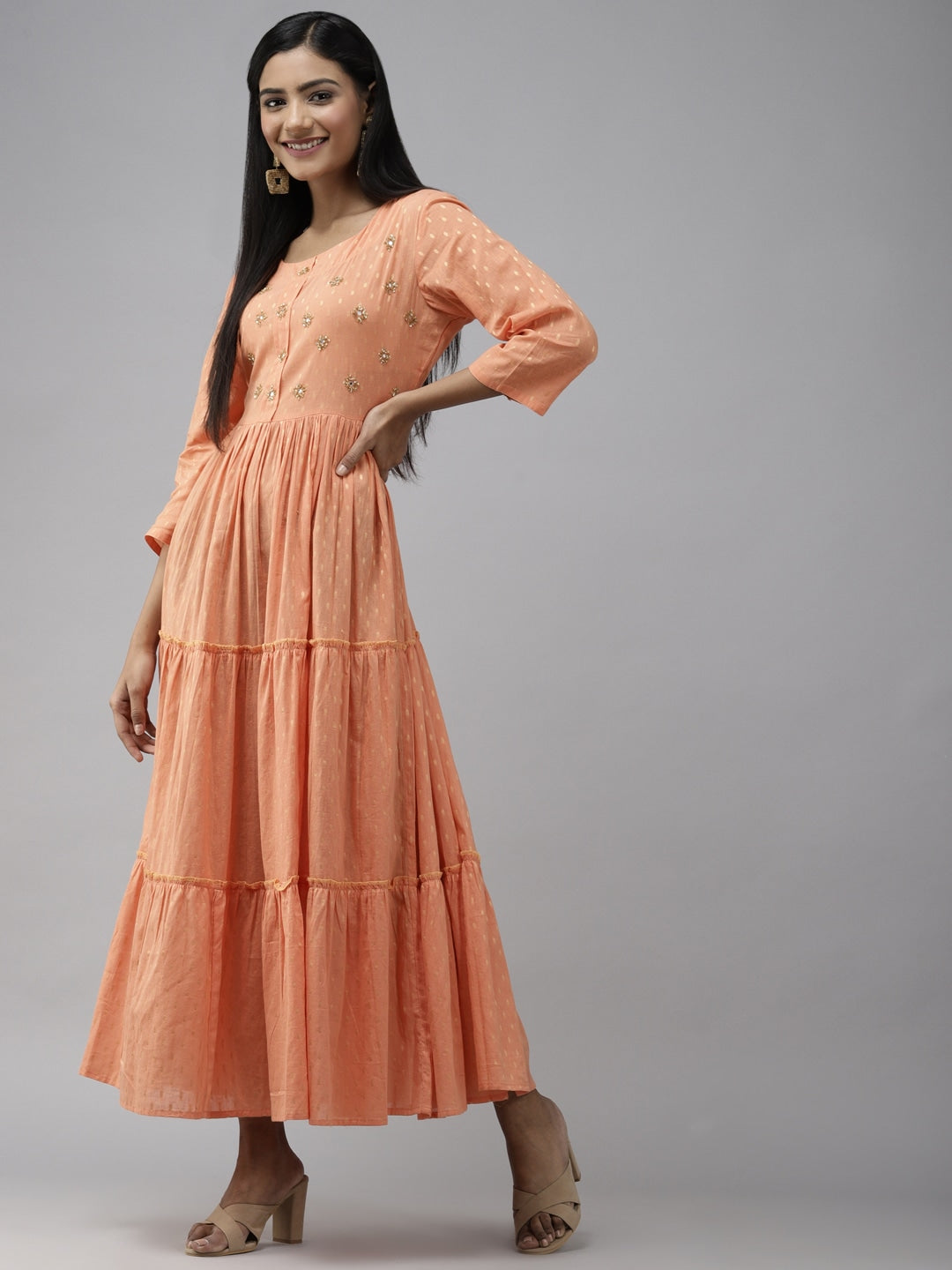 Peach Embellished Maxi Dress-Yufta Store-3604DRSPKM