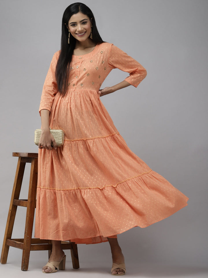 Peach Embellished Maxi Dress-Yufta Store-3604DRSPKM