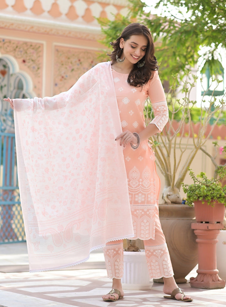 Peach Embroidered Dupatta Set-Yufta Store-2369SKDPCM