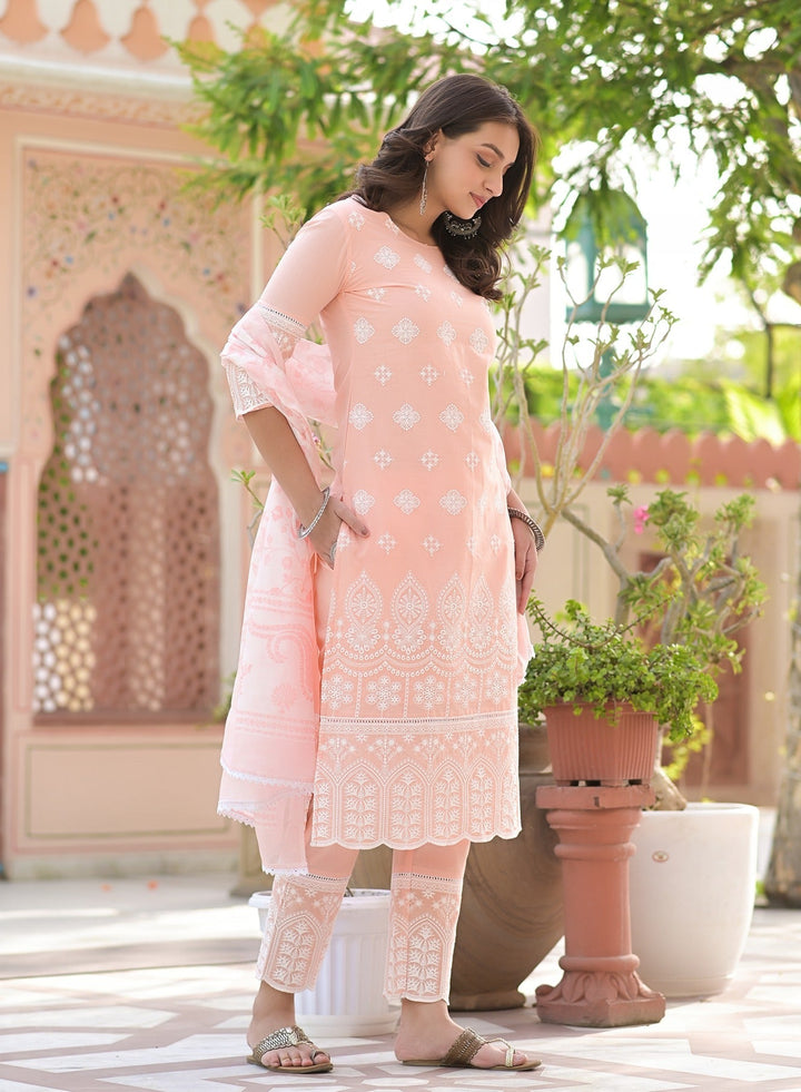 Peach Embroidered Dupatta Set-Yufta Store-2369SKDPCM