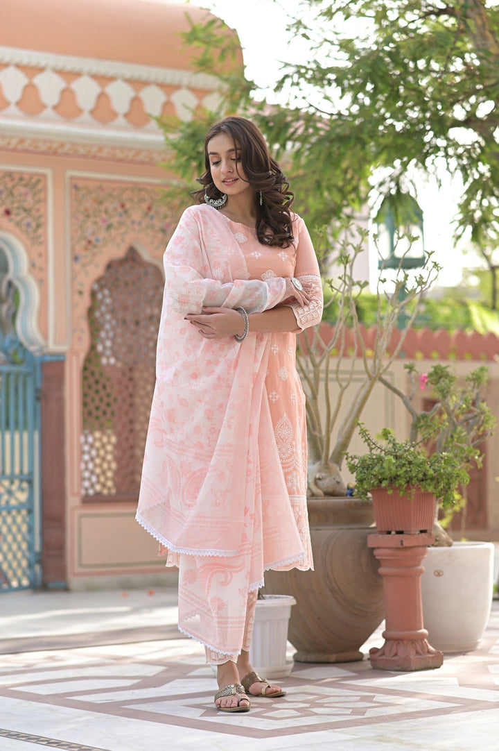 Peach Embroidered Dupatta Set-Yufta Store-2369SKDPCM