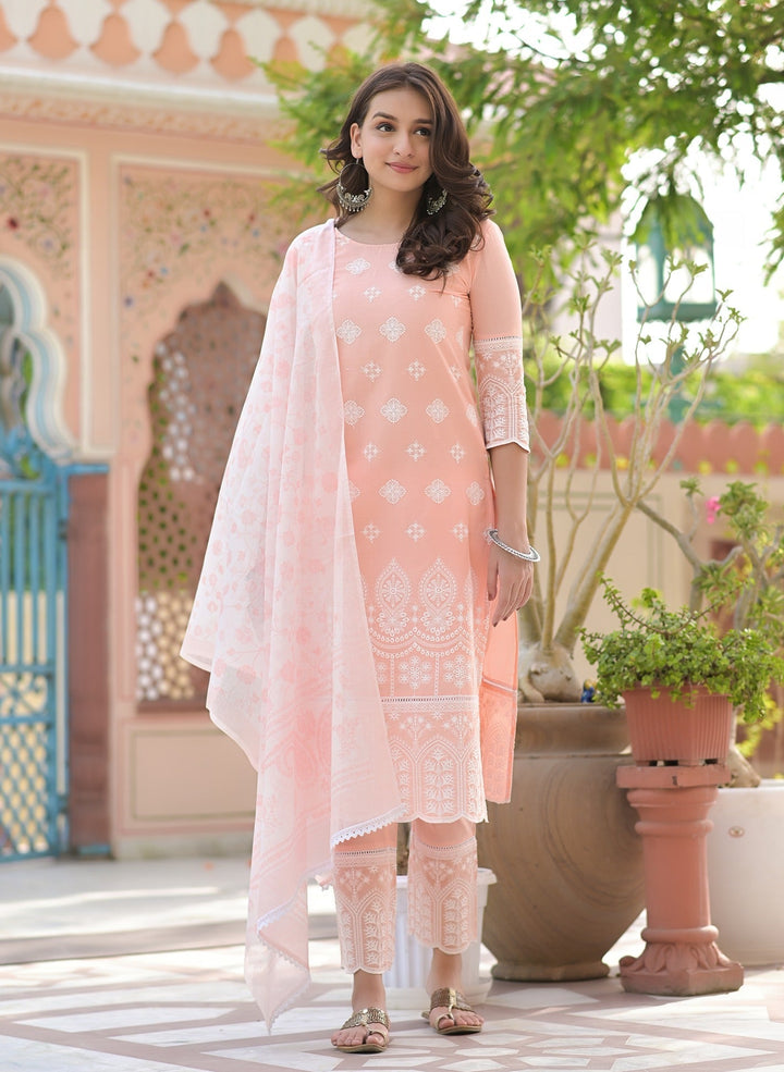 Peach Embroidered Dupatta Set-Yufta Store-2369SKDPCM