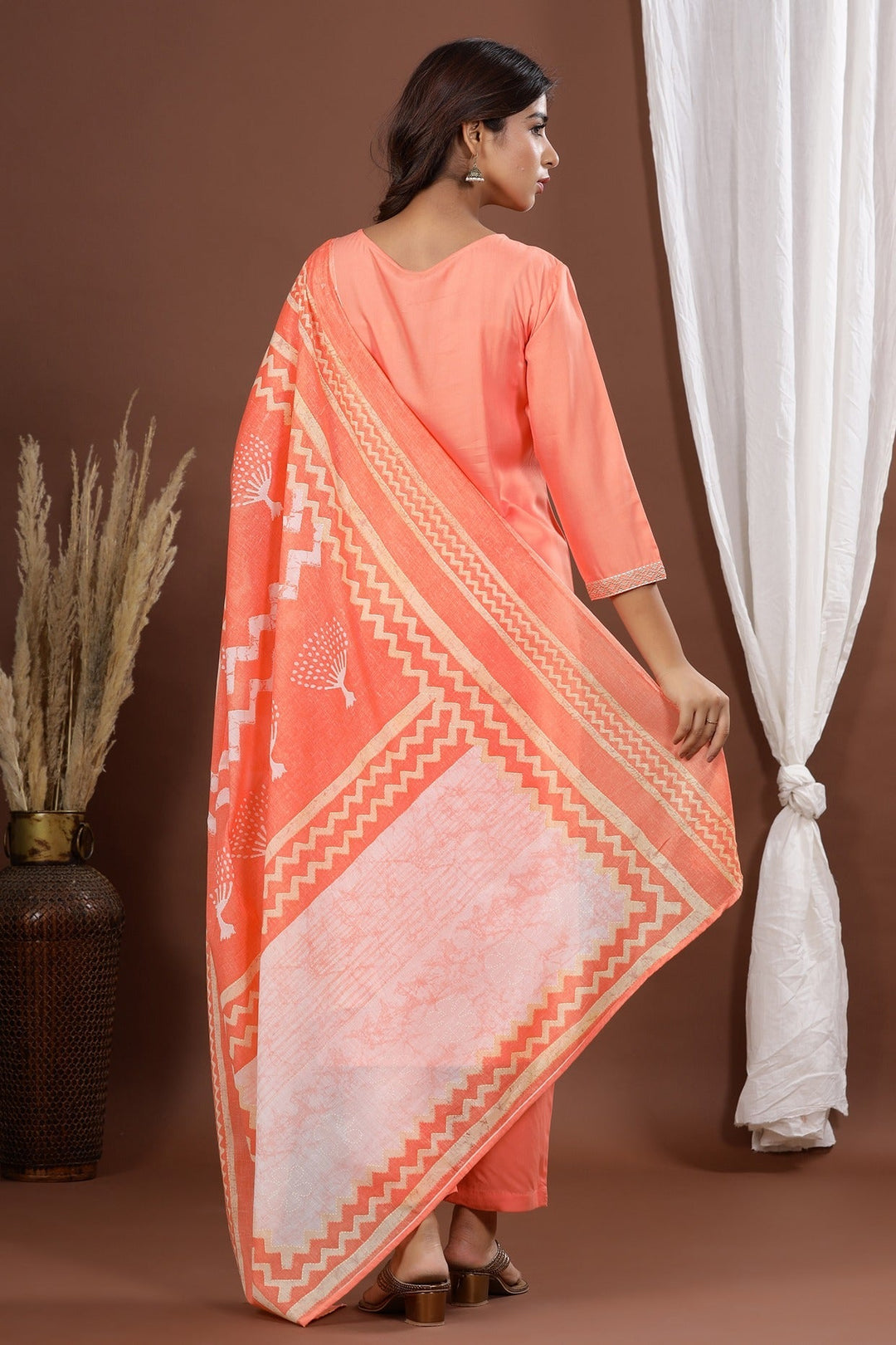 Peach Embroidered Dupatta Set-Yufta Store-7875SKDPKS