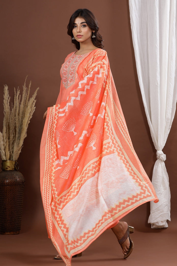 Peach Embroidered Dupatta Set-Yufta Store-7875SKDPKS