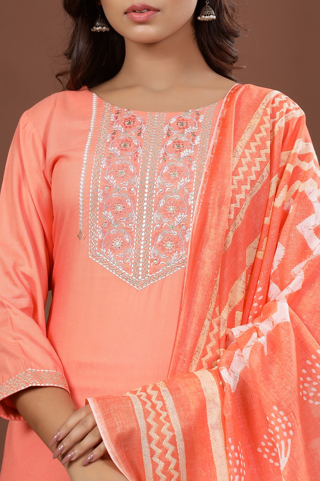 Peach Embroidered Dupatta Set-Yufta Store-7875SKDPKS