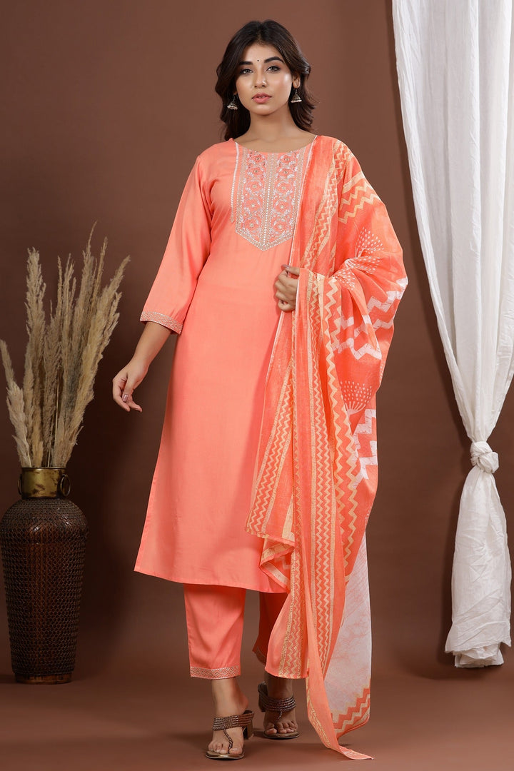 Peach Embroidered Dupatta Set-Yufta Store-7875SKDPKS