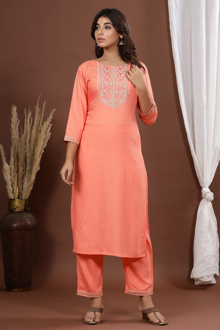 Peach Embroidered Dupatta Set-Yufta Store-7875SKDPKS