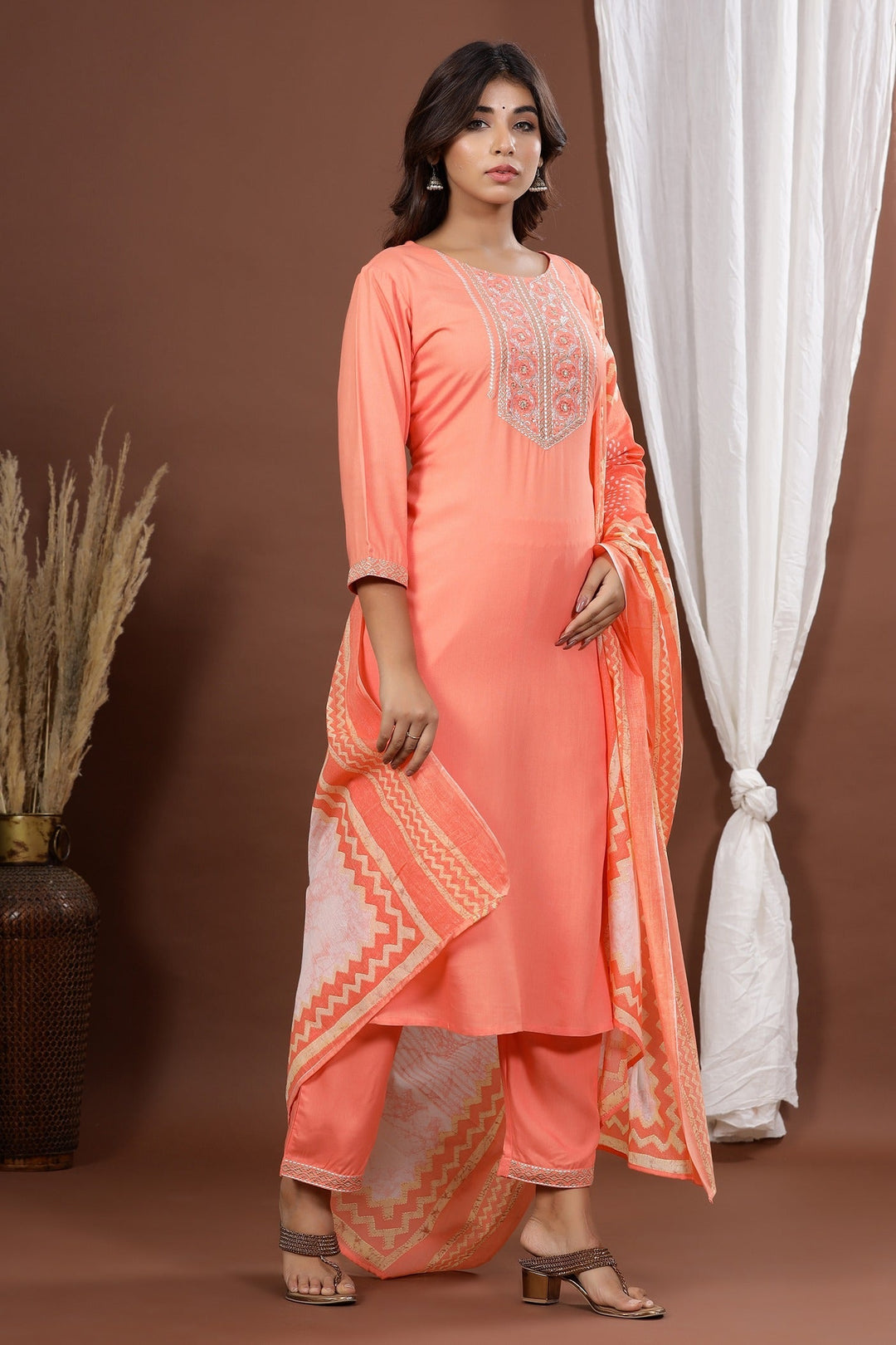 Peach Embroidered Dupatta Set-Yufta Store-7875SKDPKS