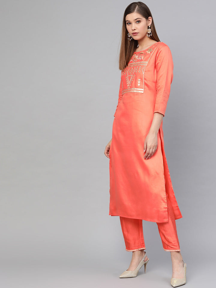 Peach Embroidered Kurta Set-Yufta Store-2611SETPCS